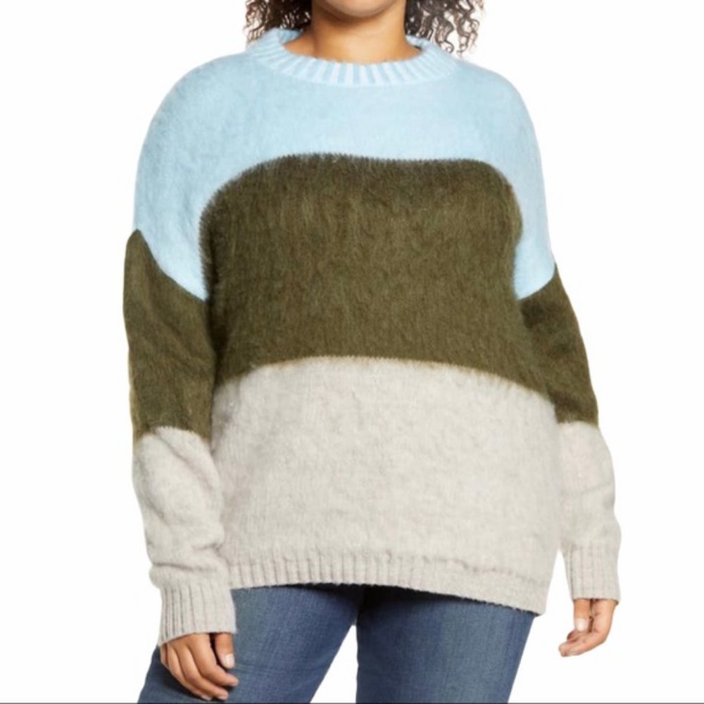 New BP. Oversized Pullover Crew Neck Sweater Blue Trixie Multi Stripe Size 3X